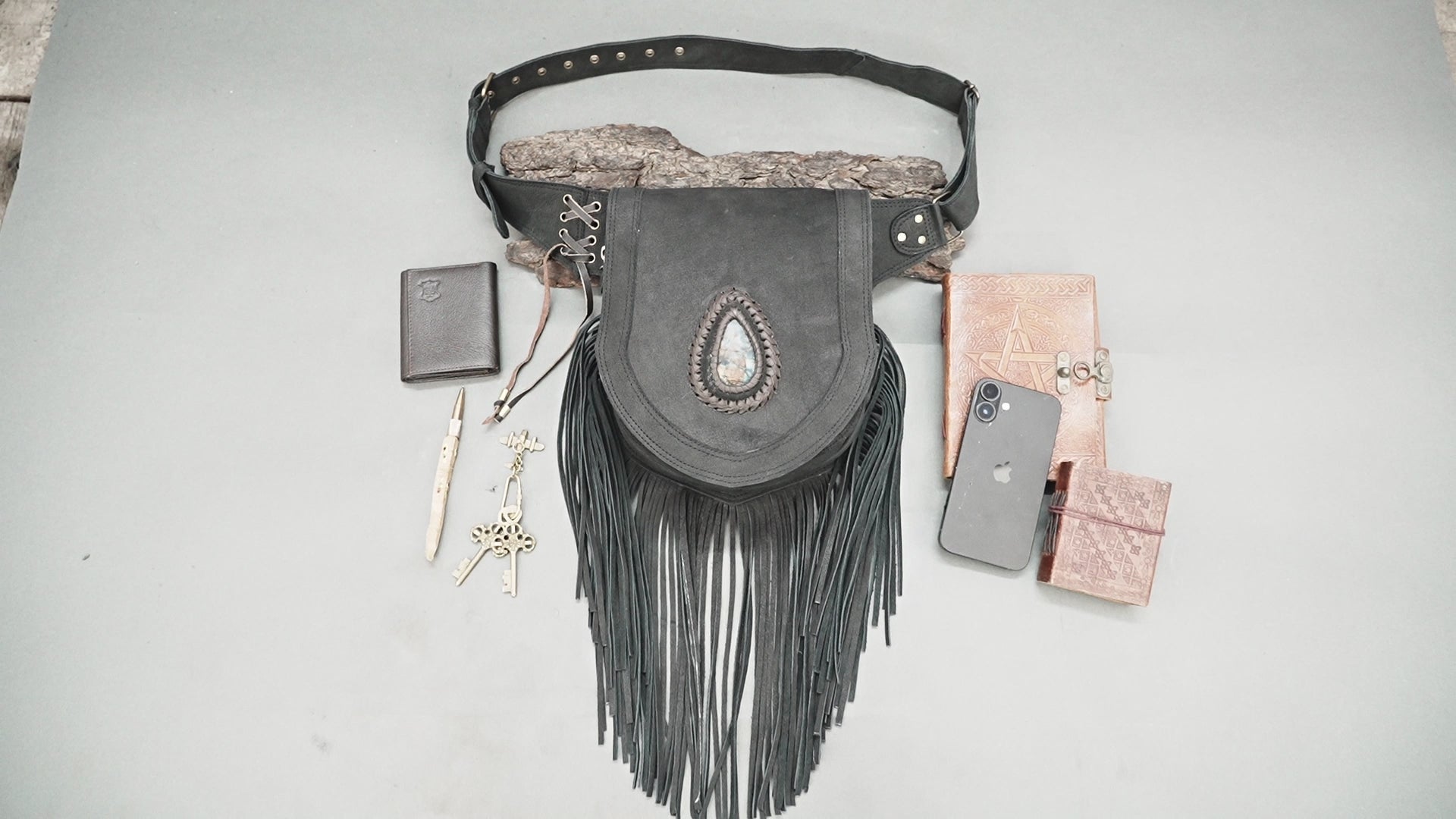 Boho leather waist belt with long fringe and natural stone inlay