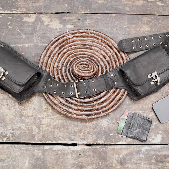 Handmade black leather festival belt with two storage pockets