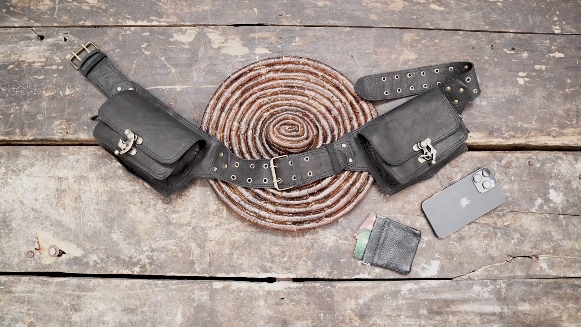 Handmade black leather festival belt with two storage pockets