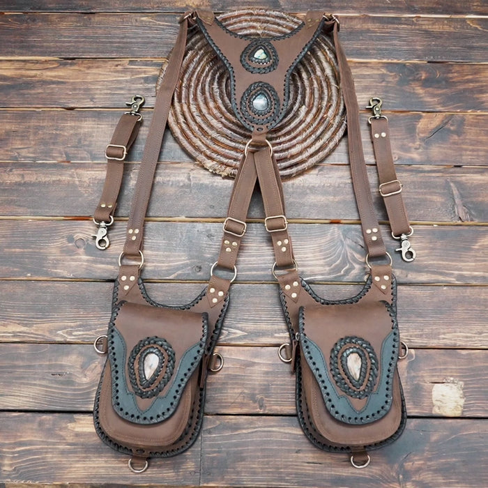 Adjustable brown leather shoulder holster with artisan stitching