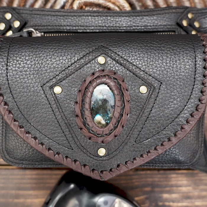 Adjustable Leather Utility Belt – Handmade Waist Bag with Stone Accent
