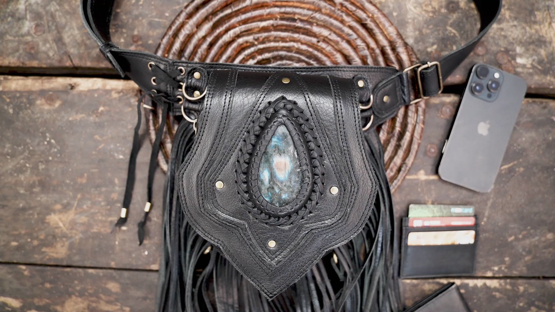 Festival leather utility belt with long black fringe