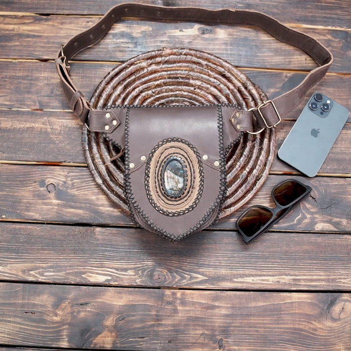 Artisan leather waist belt with natural stone inlay