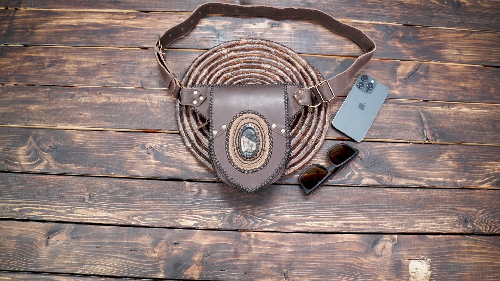 Artisan leather waist belt with natural stone inlay