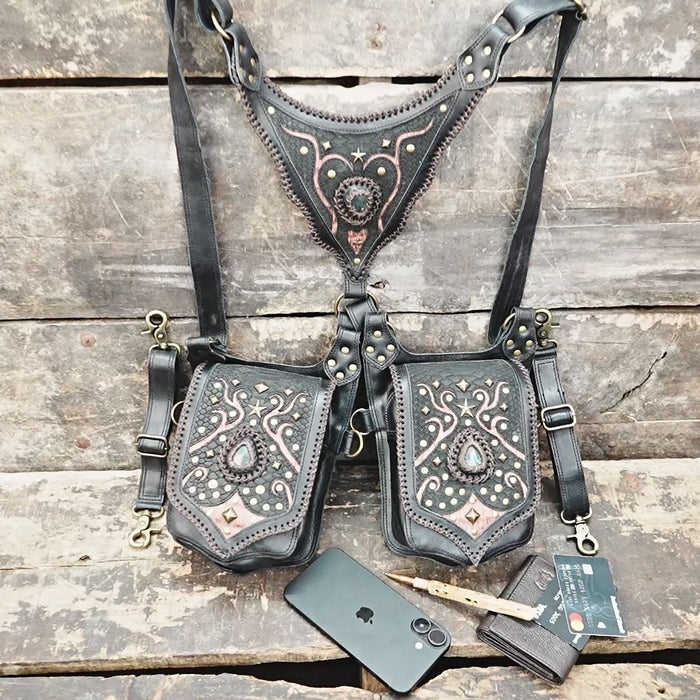 “Handcrafted black leather festival holster featuring ornate copper detailing”