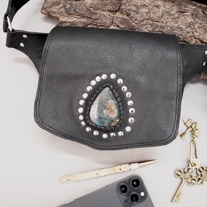 Handmade leather waist belt with gemstone front pouch