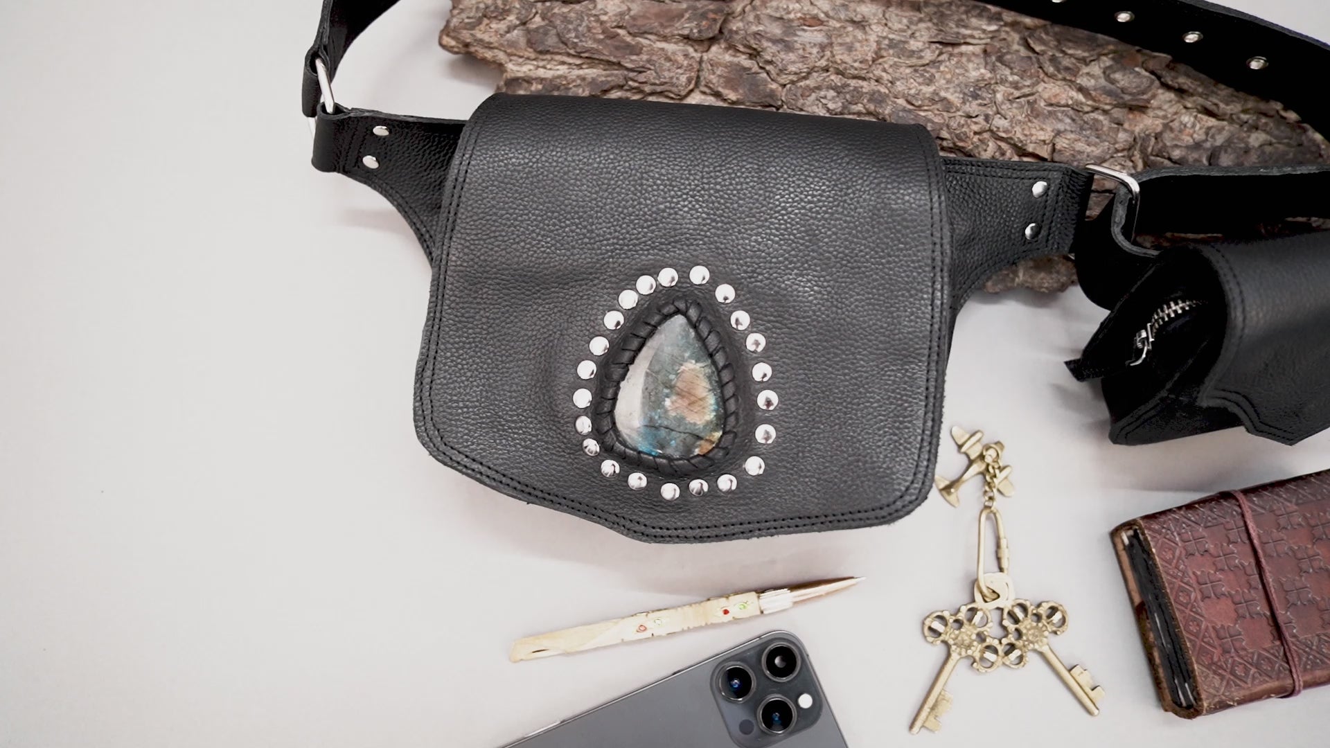 Handmade leather waist belt with gemstone front pouch