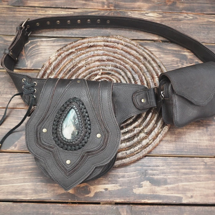 Handmade Black Leather Belt Bag: Gemstone Fanny Pack, Tribal Boho Style
