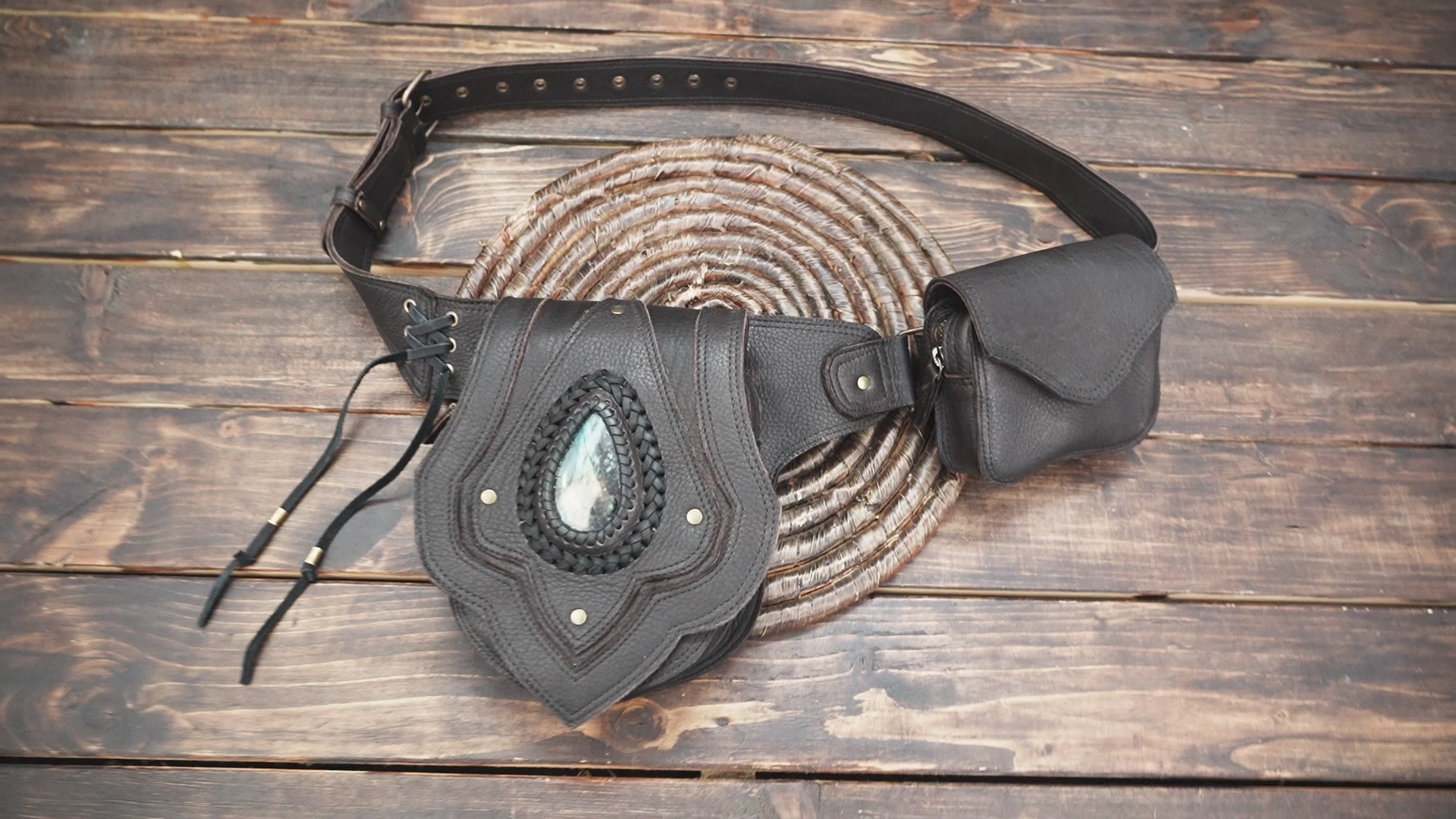Handmade Black Leather Belt Bag: Gemstone Fanny Pack, Tribal Boho Style