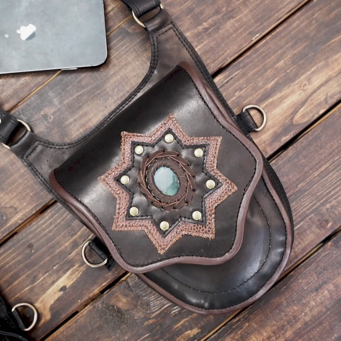 Steampunk fashion leather harness with two pouches