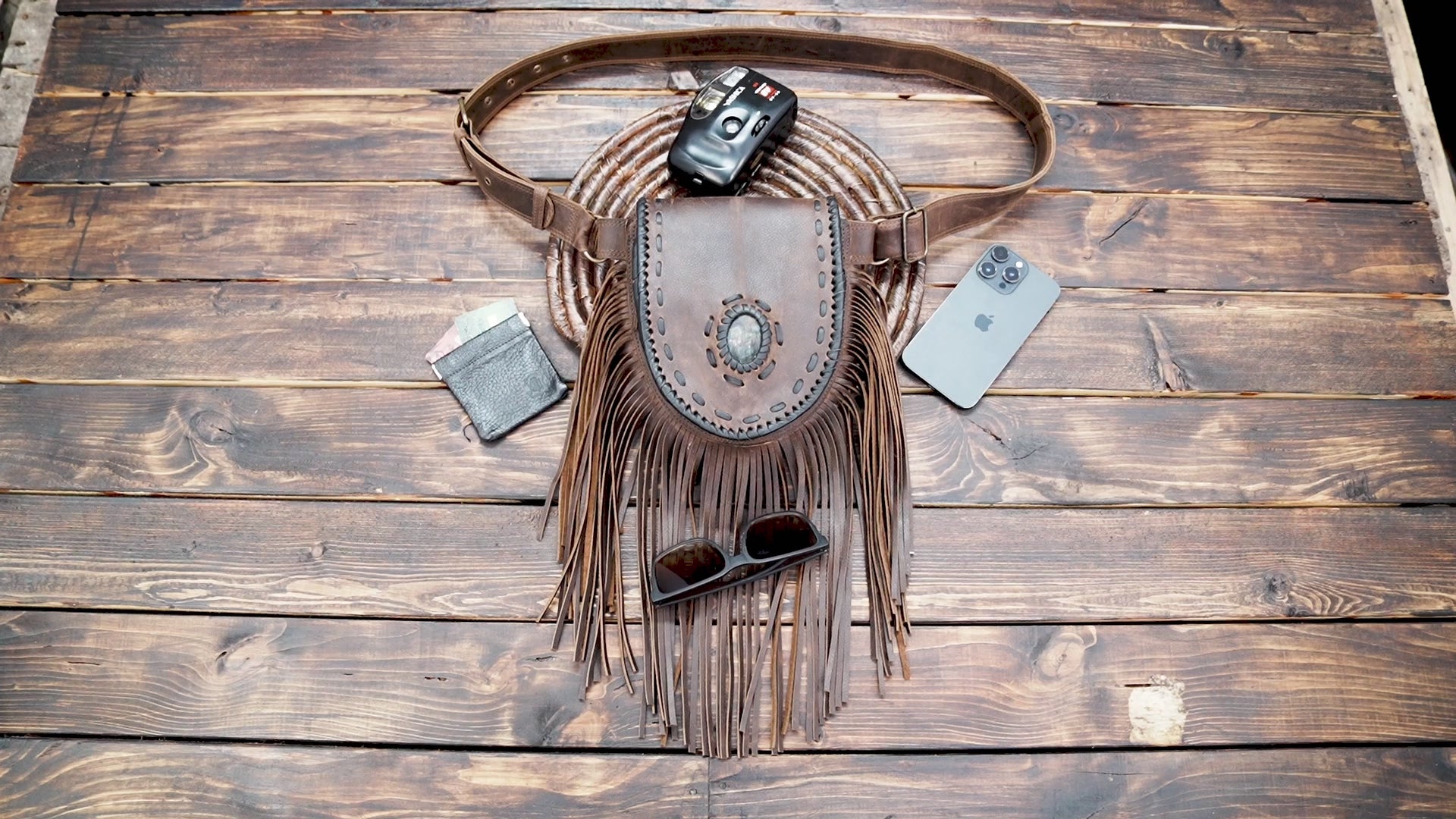 Buy Handmade Black Leather Fringe Waist Bag: Labradorite with gemstone 