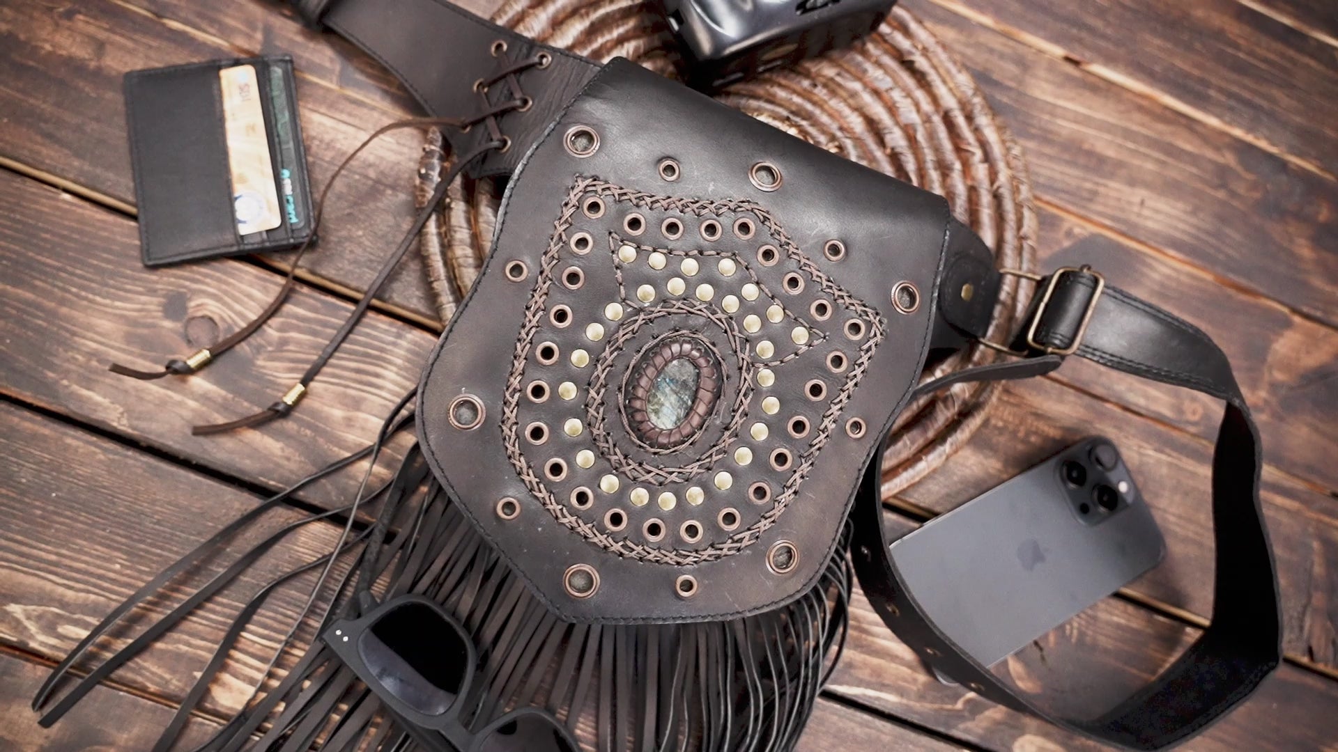 Handmade Genuine Leather Waist Belt with Gemstone || Gothic Boho Leather Belt Bag with Stone Centerpiece (LT-AB-WB-6124)