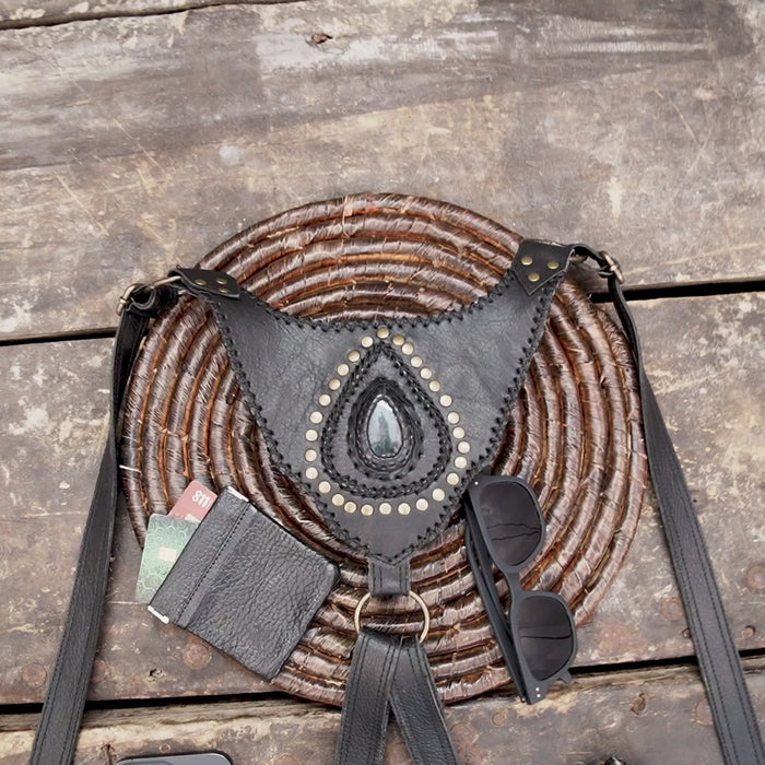 Genuine leather dual pouch holster with tribal stone accents