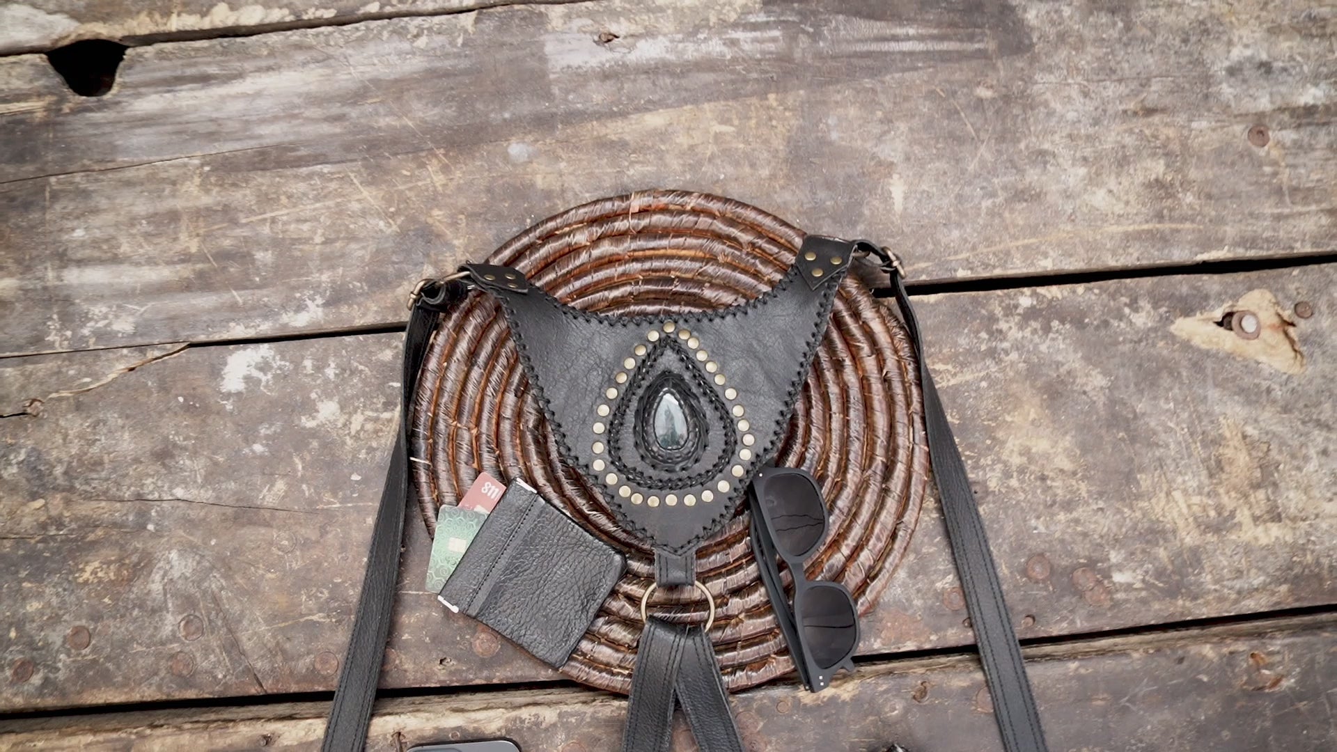 Genuine leather dual pouch holster with tribal stone accents