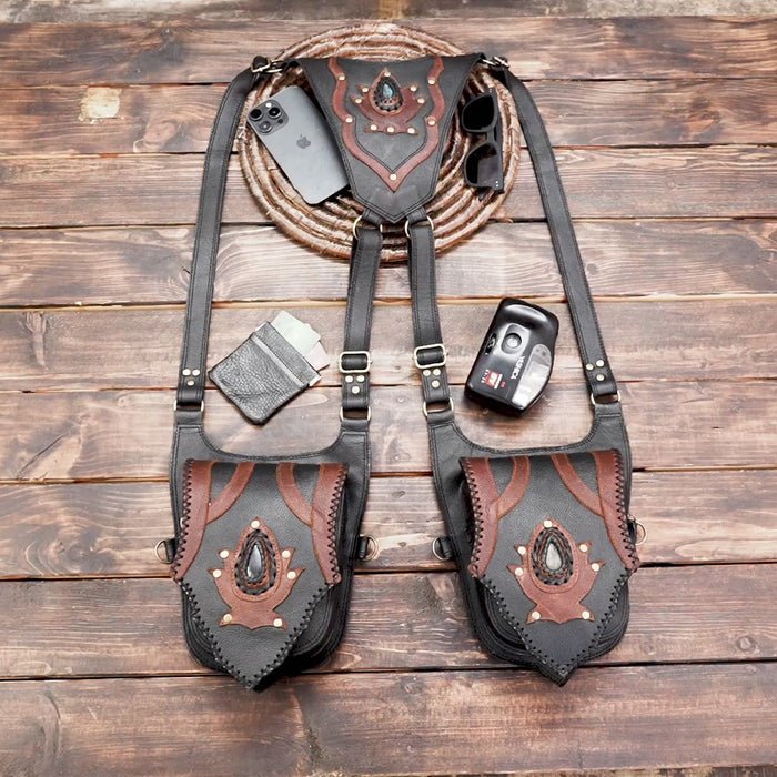 Western gothic leather holster bag displayed on mannequin