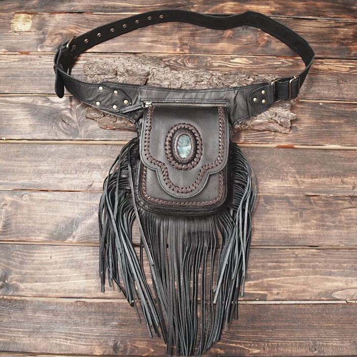 Boho leather waist belt with long fringe and stone centerpiece