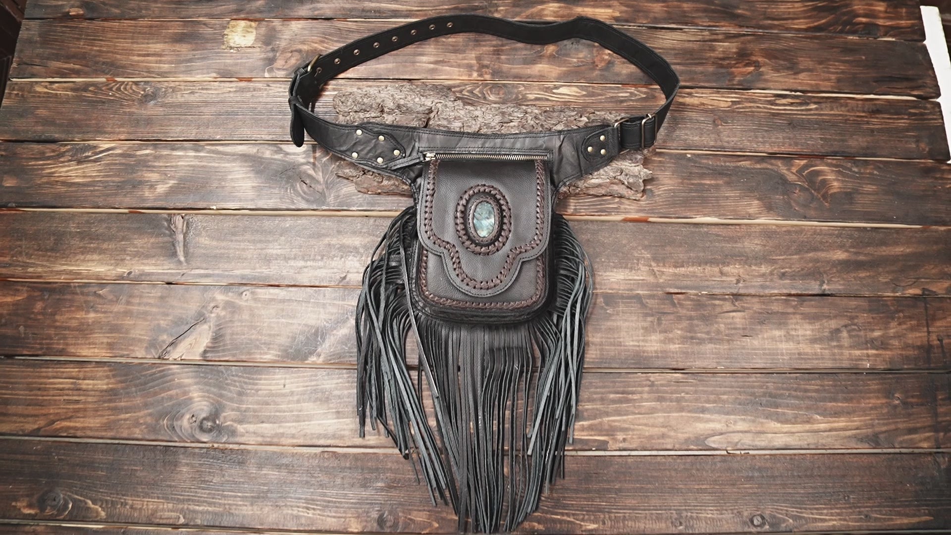 Boho leather waist belt with long fringe and stone centerpiece