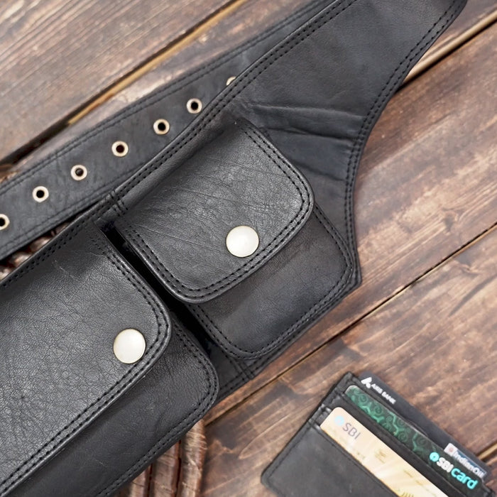 Genuine Black Leather Waist Belt with Multi-Pockets – Steampunk & Gothic Accessory