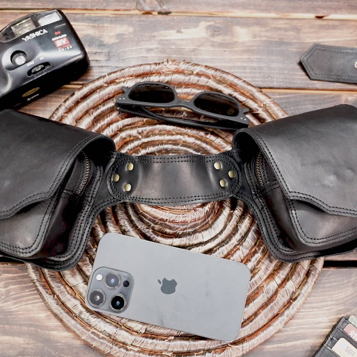 Artisan leather hip bag with gemstone inlay