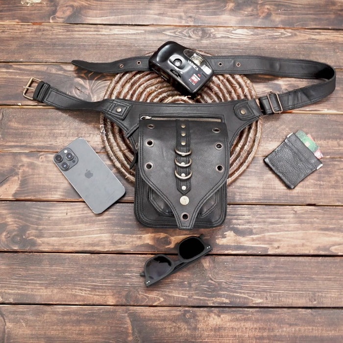 Gothic style leather utility belt bag with edgy details