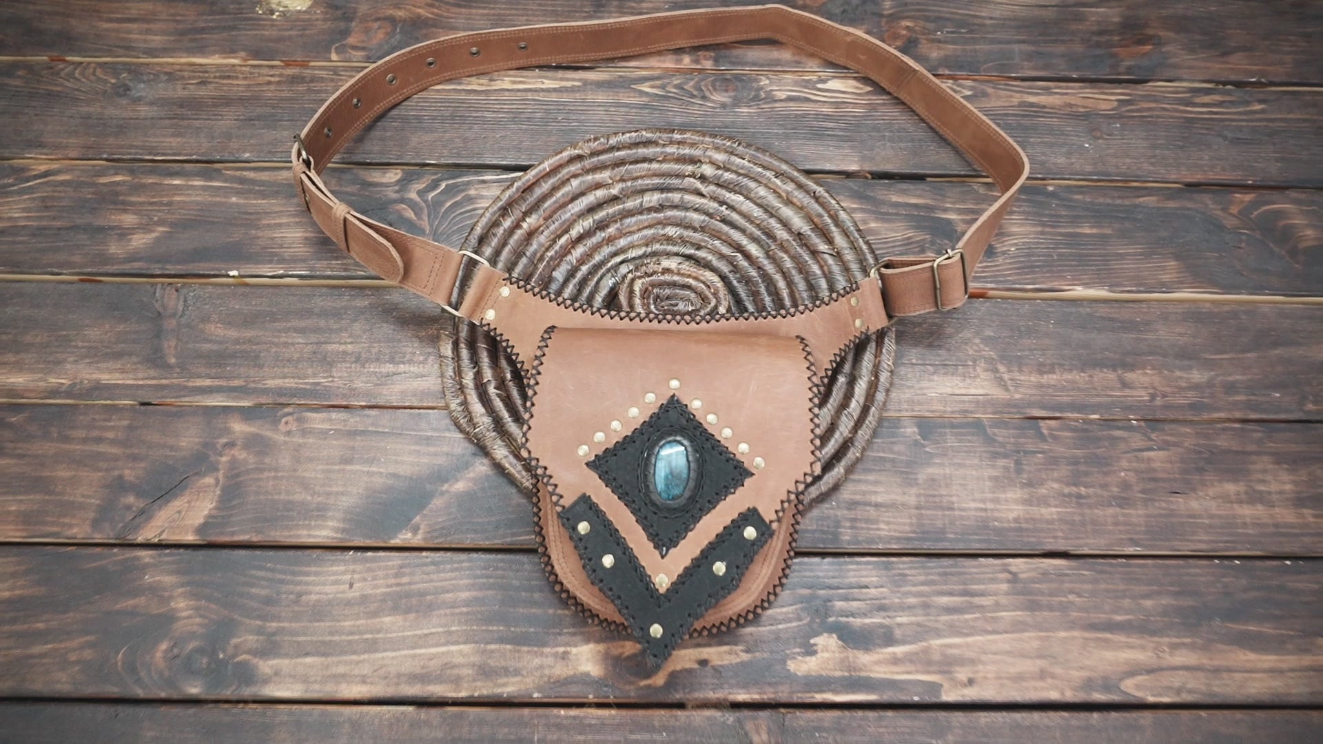 Boho tribal leather festival belt with gemstone centerpiece