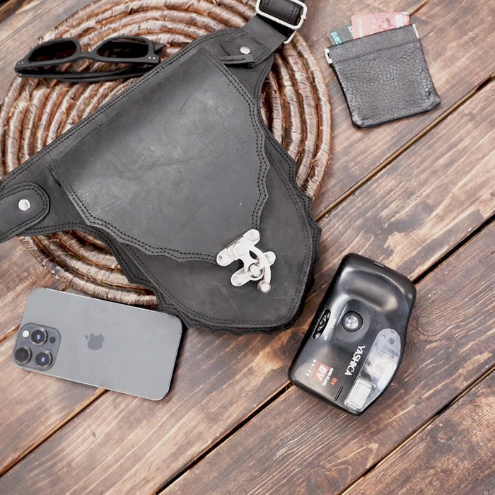 Genuine leather waist belt bag with metal lock closure