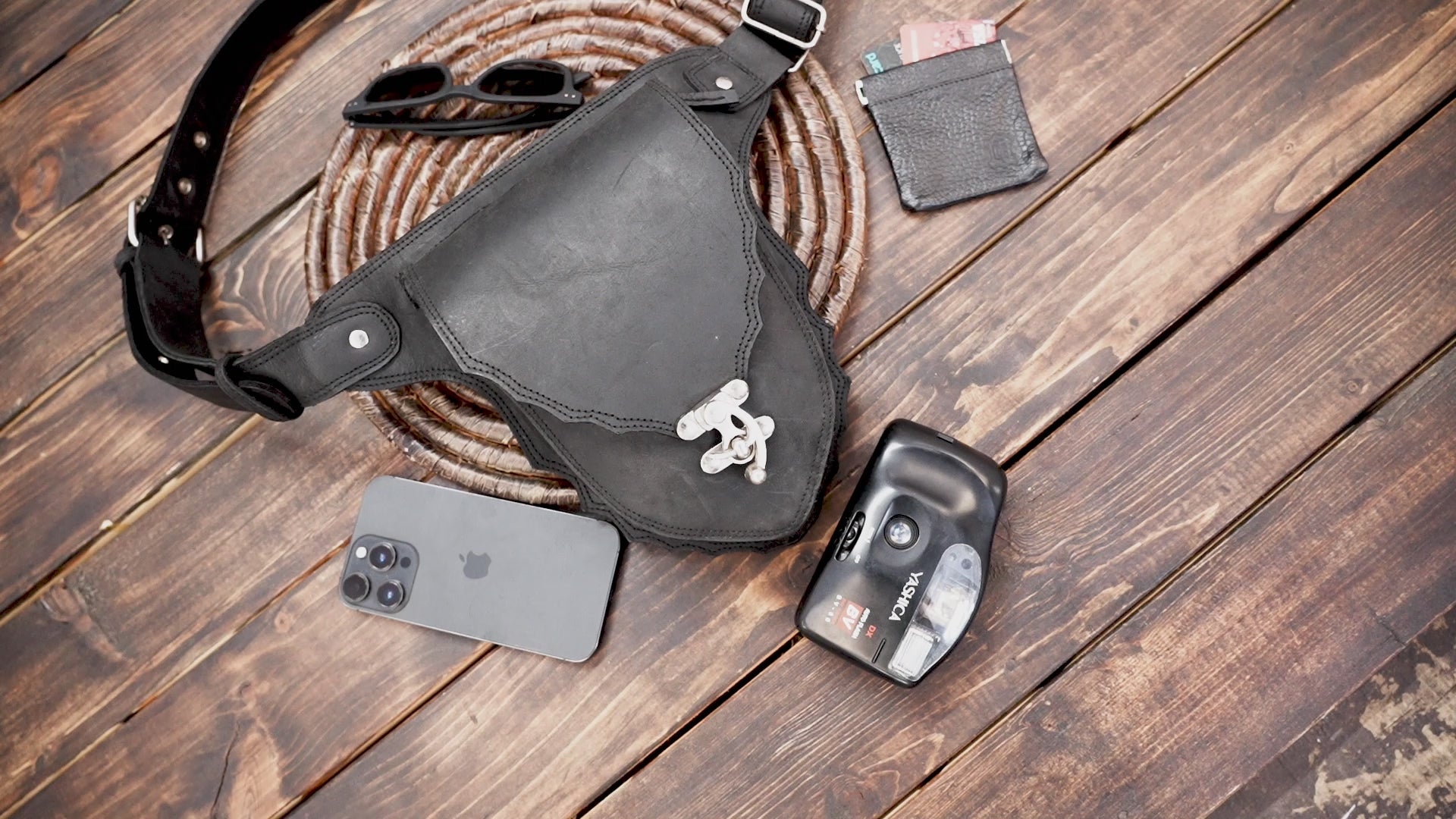 Genuine leather waist belt bag with metal lock closure