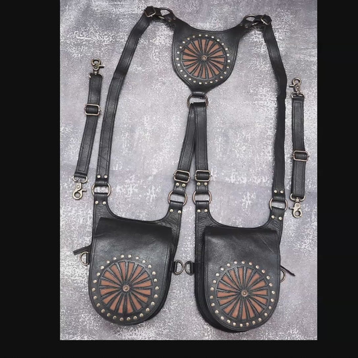 Handmade leather shoulder holster with decorative circular pattern