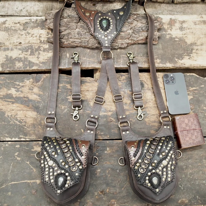 style leather shoulder holster with adjustable straps and brass hardware