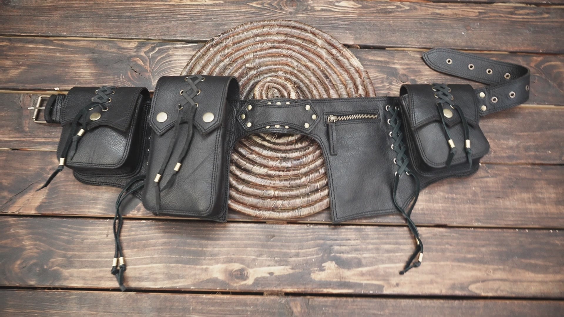 Handmade black leather hip belt with pockets