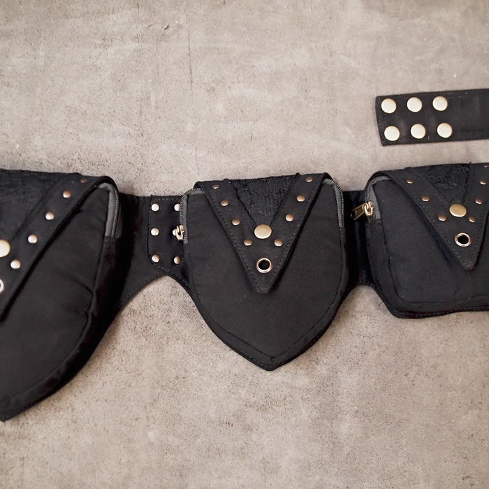 Handmade black cotton festival waist belt with storage pouches