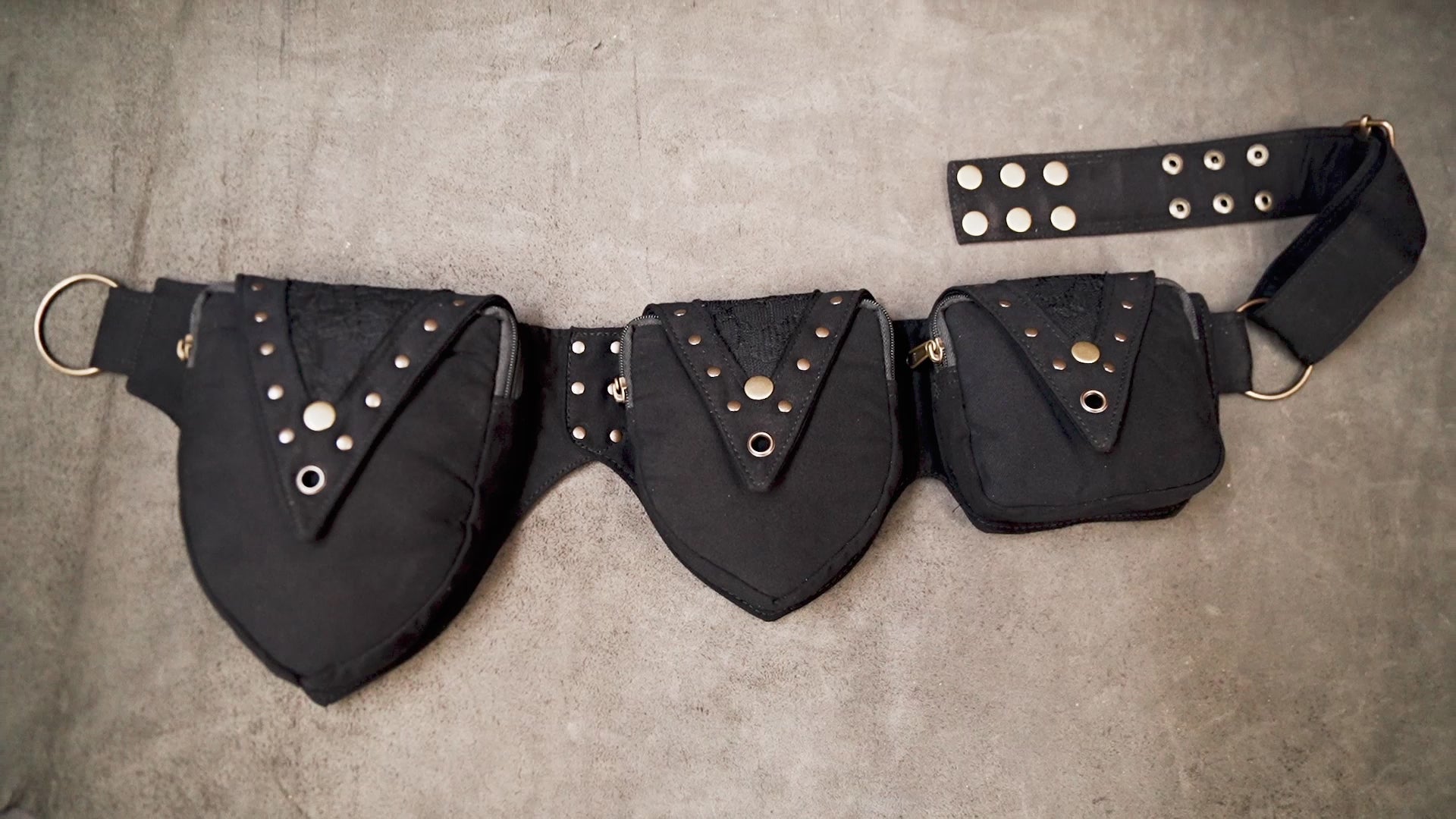 Handmade black cotton festival waist belt with storage pouches