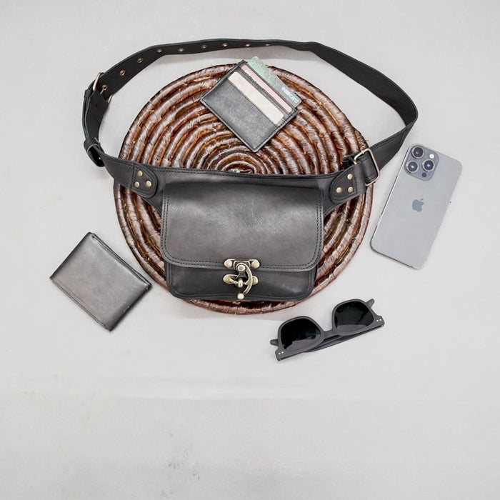 Handmade black leather hip pouch with secure metal clasp