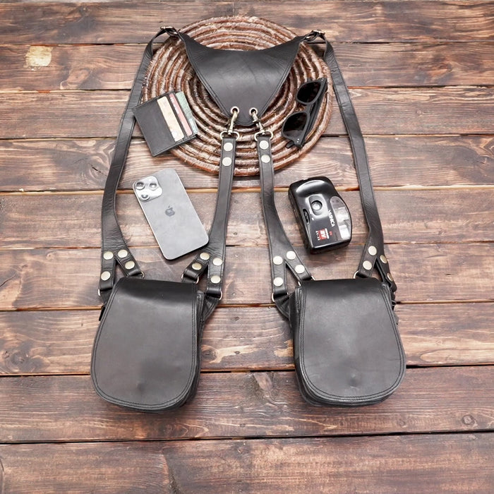 Minimalist black leather holster bag with two storage pockets