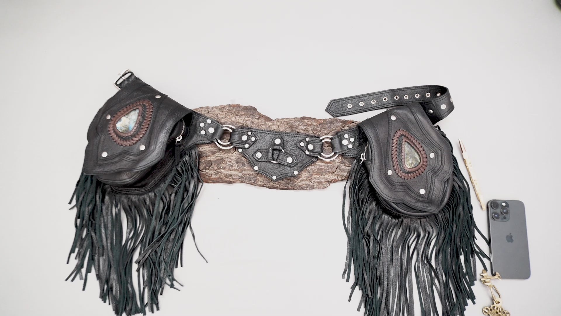 Leather Waist Belt with Dual Fringe Pouches and Gemstone Detail || Black Leather Waist Belt with Dual Utility Pouches (LT/NS/WB/6008)