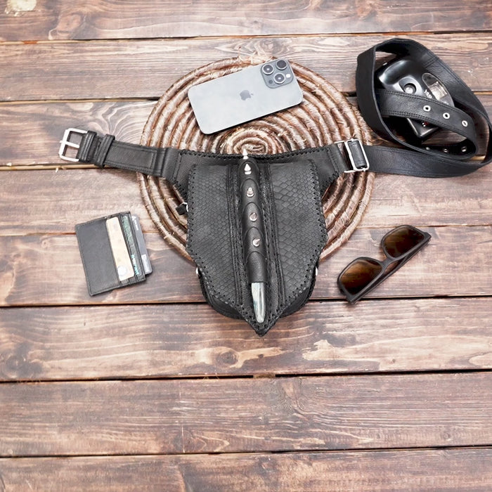 Handmade leather waist belt with textured leather and metal studs