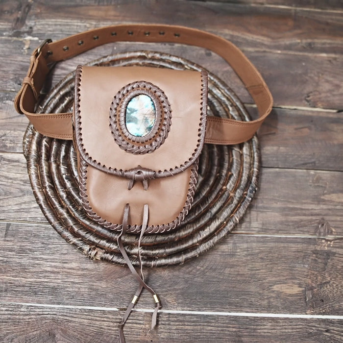 Genuine leather waist belt pouch with secure flap closure