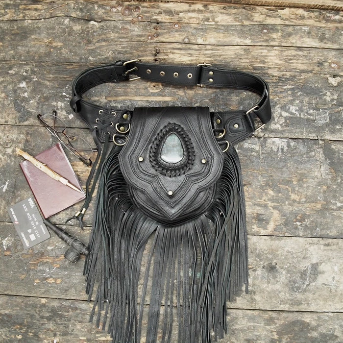 Black leather fringe waist belt with gemstone centerpiece