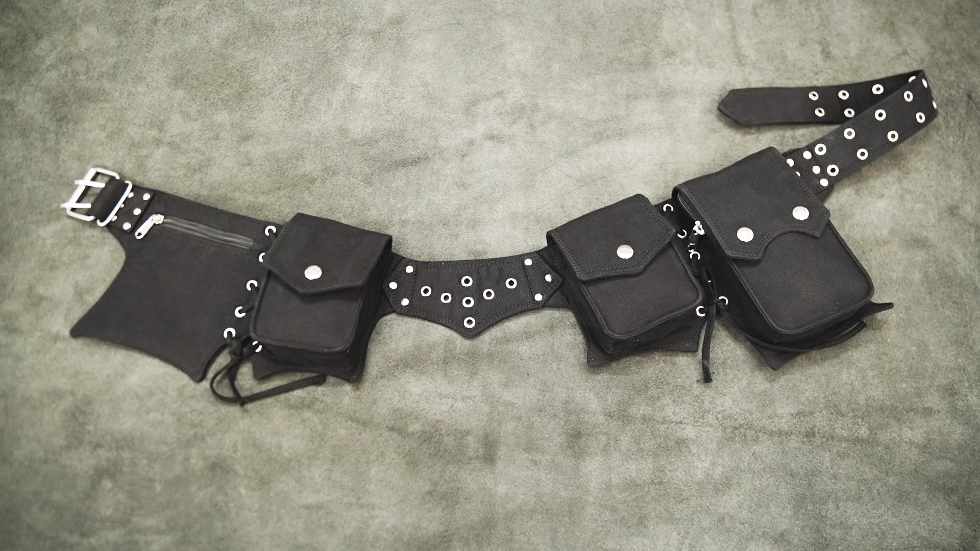 Gothic black waist bag with adjustable belt and zipper pocket