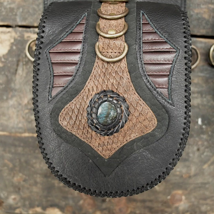 Black leather harness holster with dual utility bags and adjustable straps