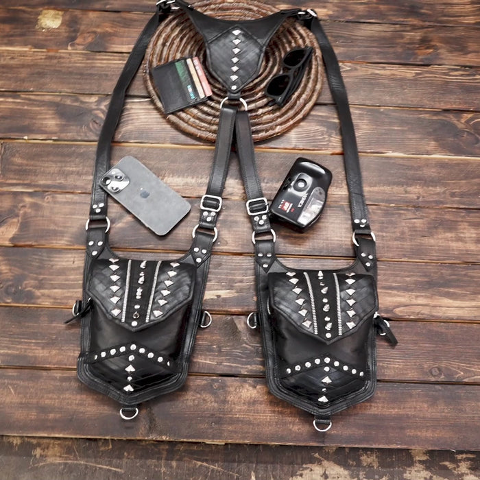 Handmade studded leather holster bag with dual pouches