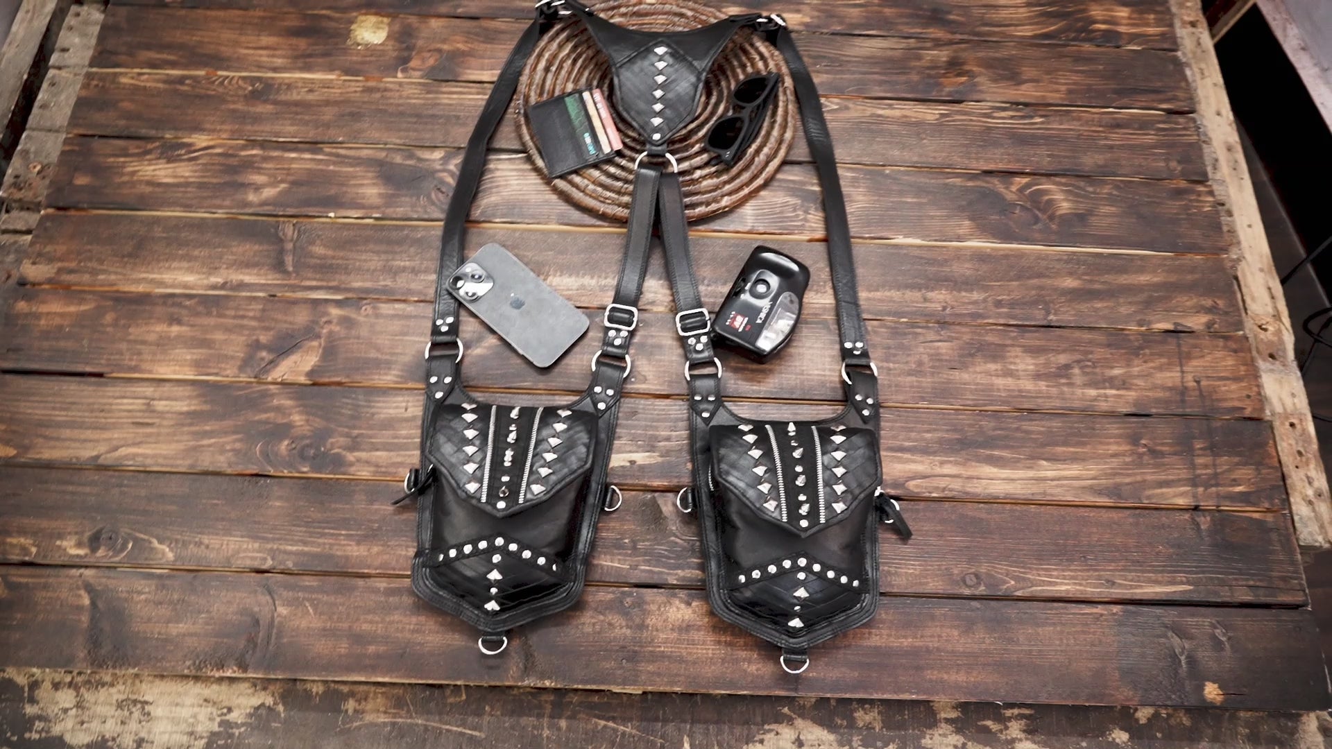 Handmade studded leather holster bag with dual pouches