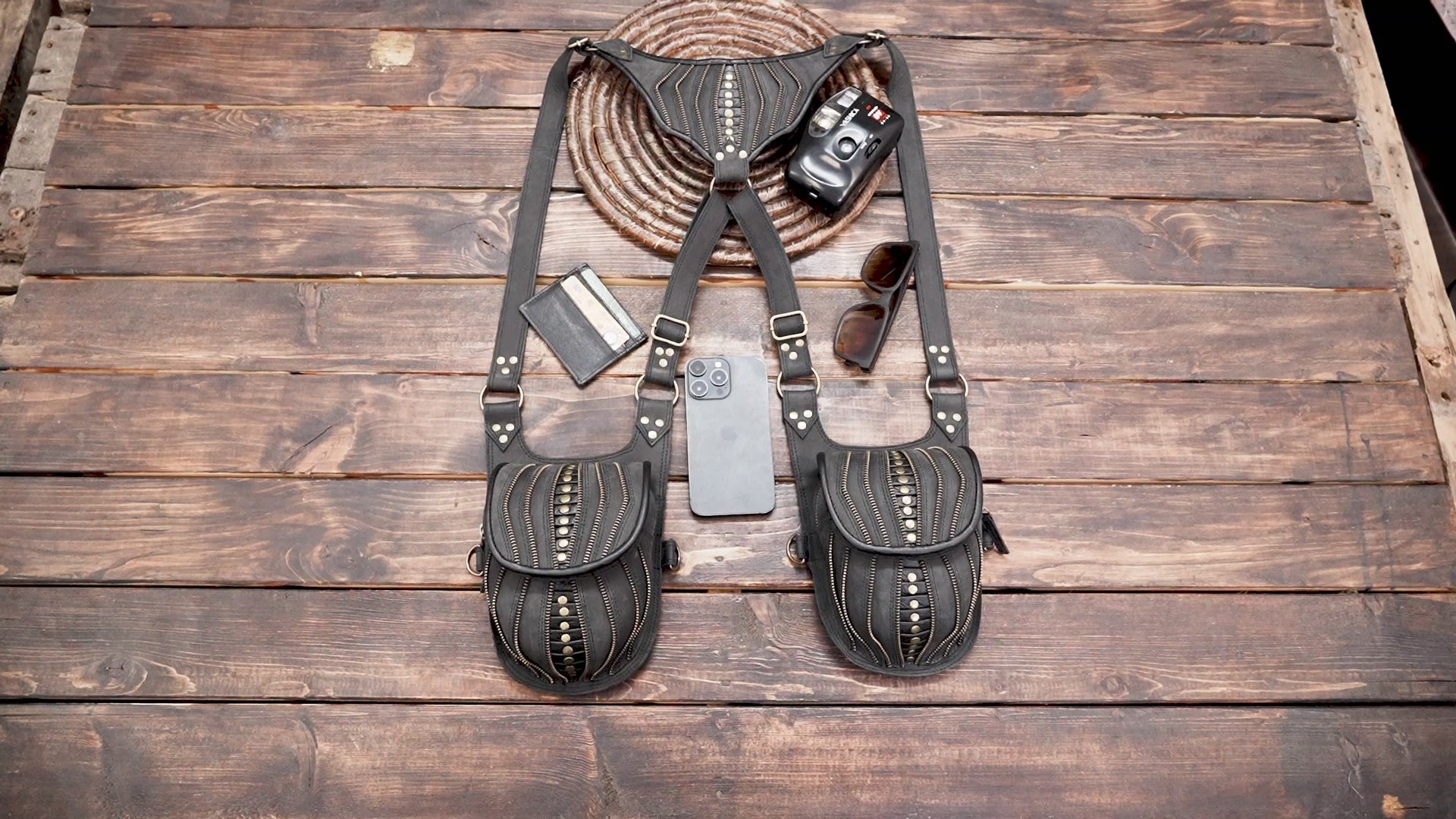 Gothic Inspired Leather Holster with Dual Storage || Decorative Leather Festival Holster Harness (LT-AB-HLS-6104)