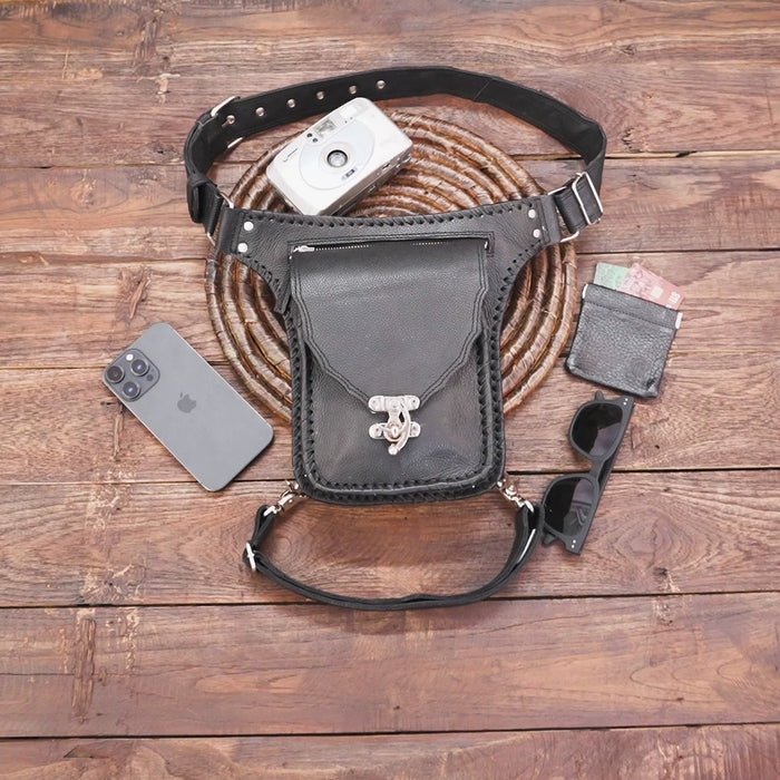 Western-style black belt pouch with metal buckle and leather strap with steel lock 