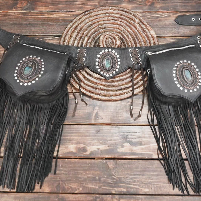 Handmade leather waist belt with fringe pockets and lace-up design