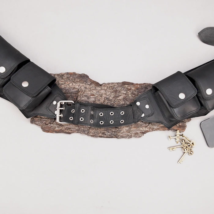 Handmade leather waist belt bag with multiple storage pockets