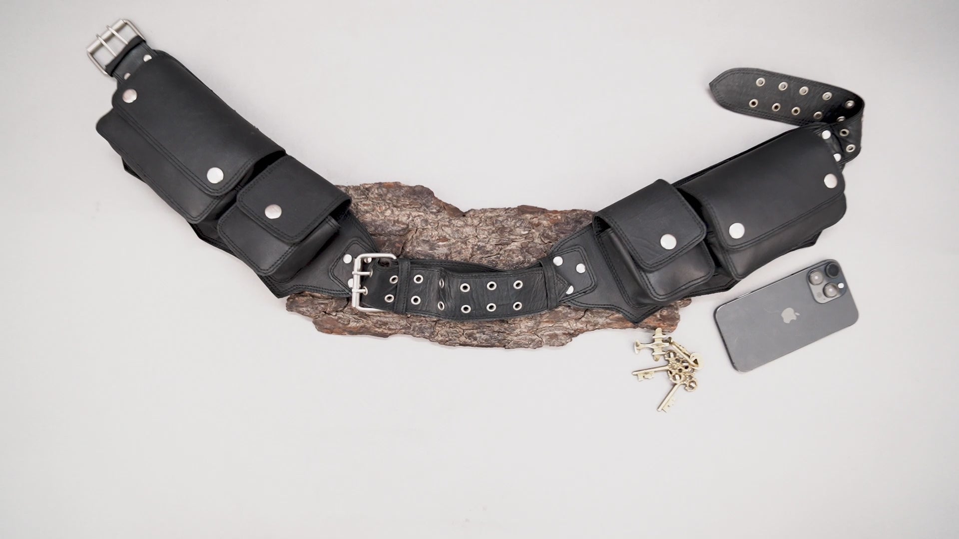 Handmade leather waist belt bag with multiple storage pockets