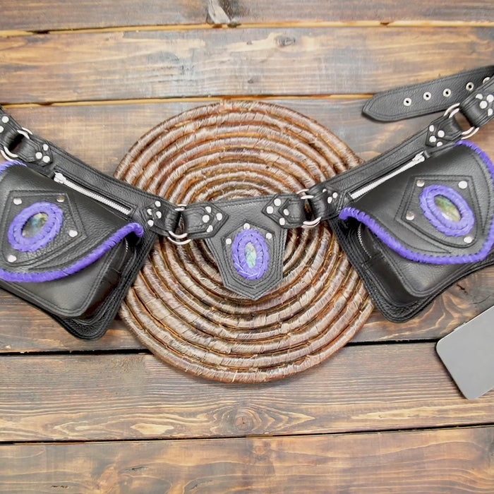 Double pouch leather belt bag for biker or cowboy looks