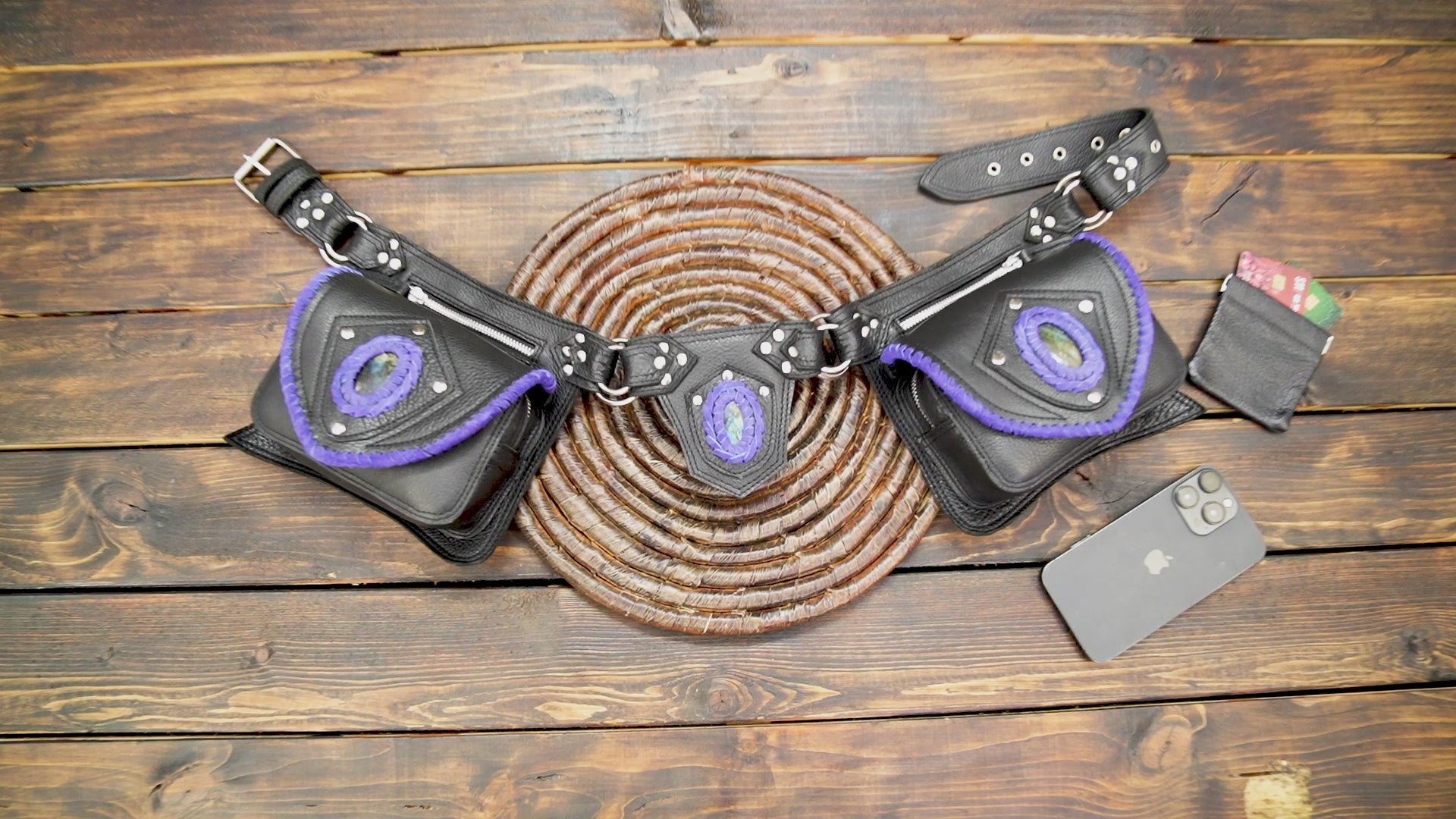 Double pouch leather belt bag for biker or cowboy looks