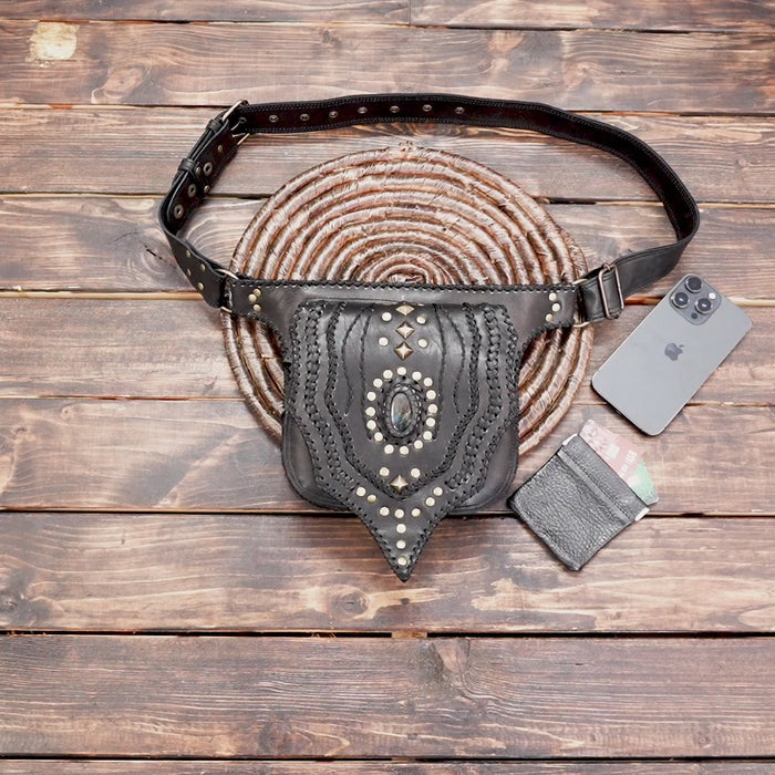 Western-style studded leather waist pouch for festivals